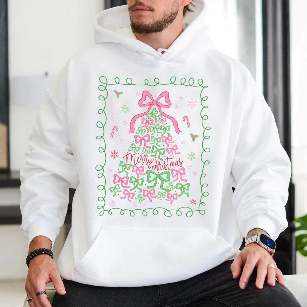 Pink Bow Aesthetic Winter Hoodie, Coquette Christmas Tree Hoodie, Merry Christmas Hooded Pullover, Adorable Holiday Girls Gra