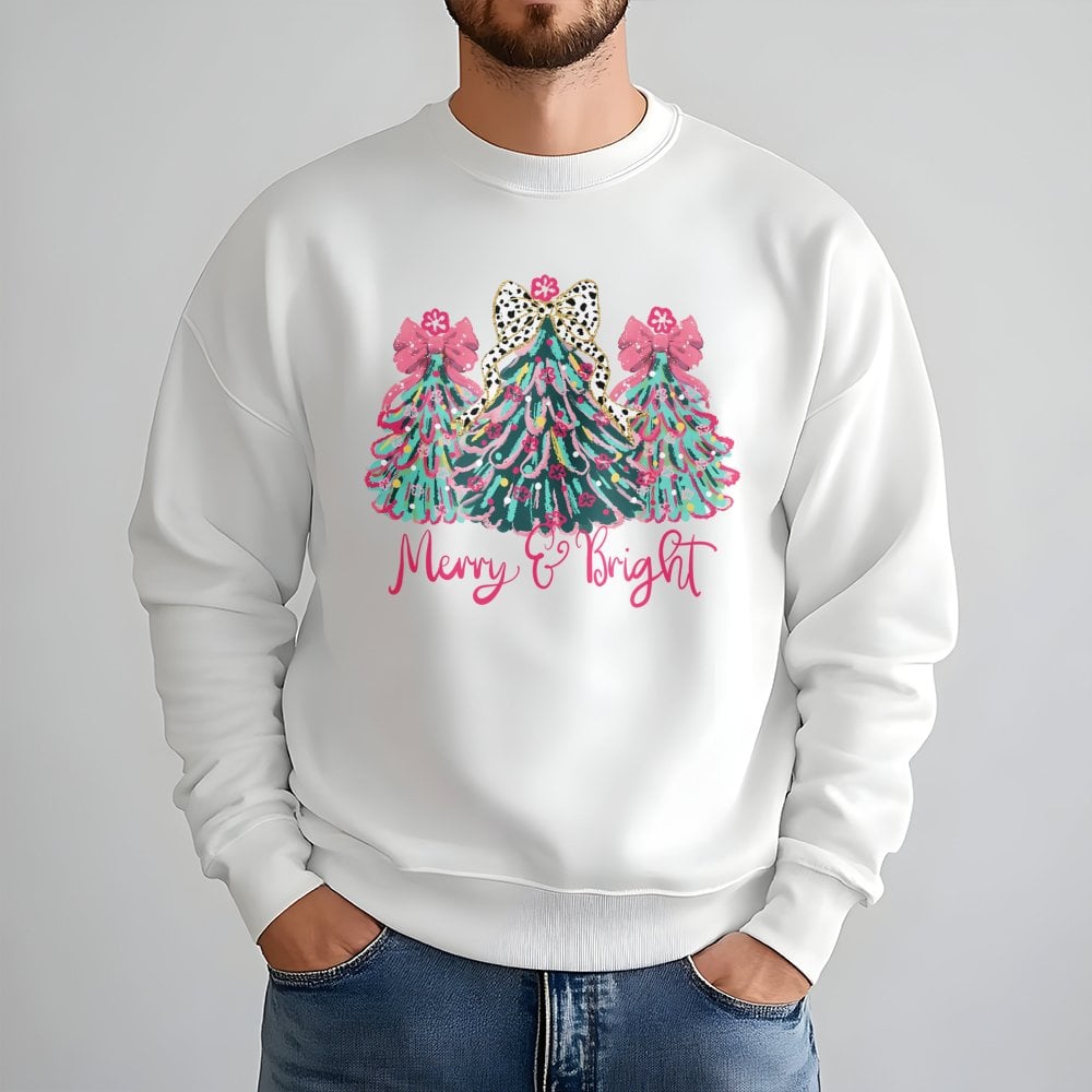 Leopard Print Tree Sweatshirt, Merry and Bright Christmas Sweatshirt, Colorful Holiday Crewneck, Festive Winter Pullover, Xma
