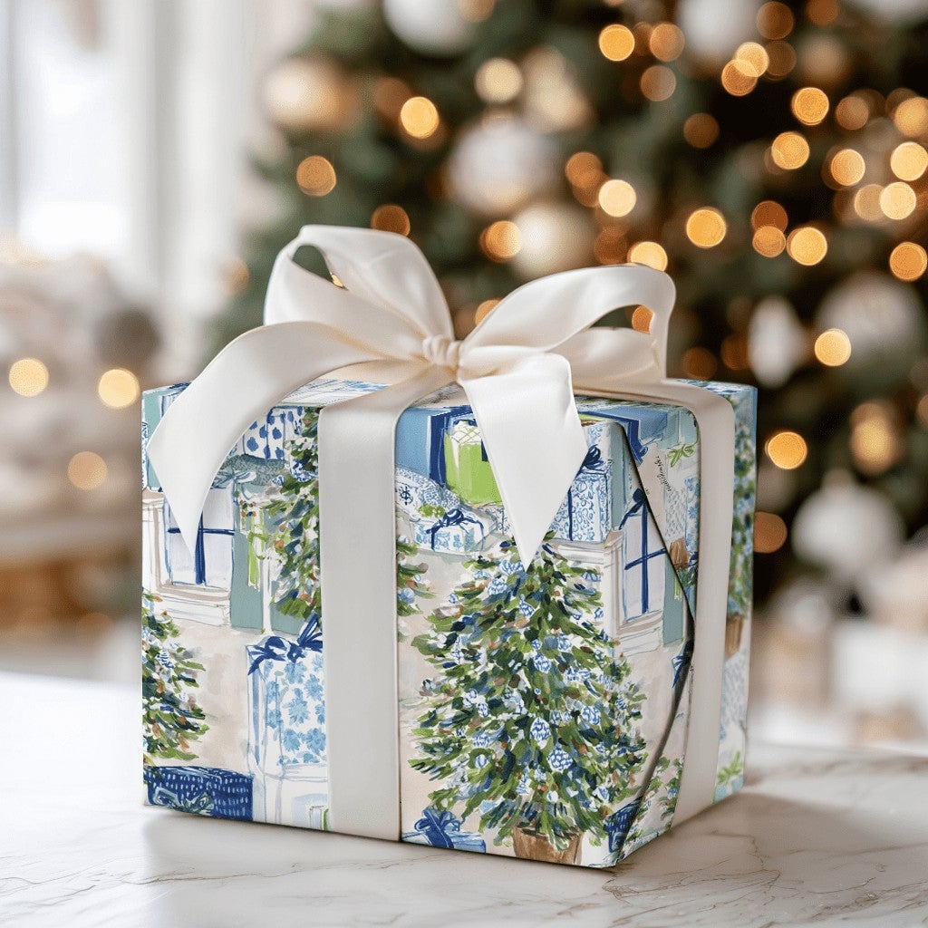 Watercolor Tree Gift Wrap, Chinoiserie Christmas Wrapping Paper, Preppy Blue Holiday Wrapping Paper, Elegant Winter Xmas Wrap