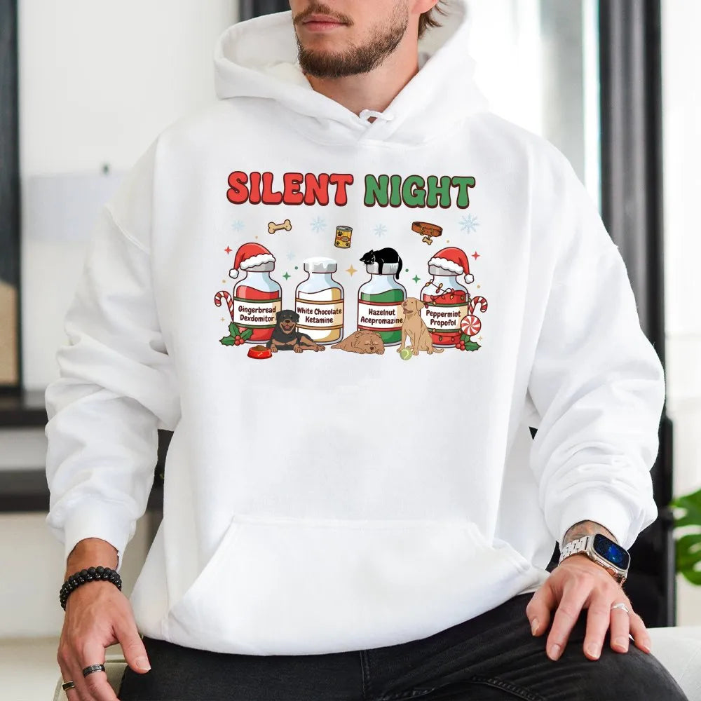 Veterinary Christmas Hoodie, Silent Night Vet Med Hoodie, Vet Tech Hooded Sweatshirt, Humorous Vet Student Pullover Hoodie, X