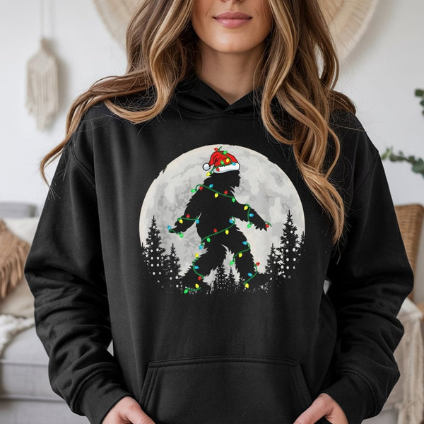 Sasquatch Santa Hat Hooded Sweatshirt, Bigfoot Christmas Hoodie, Humorous Xmas Lights Yeti Hoodie, Winter Holiday Pullover, C