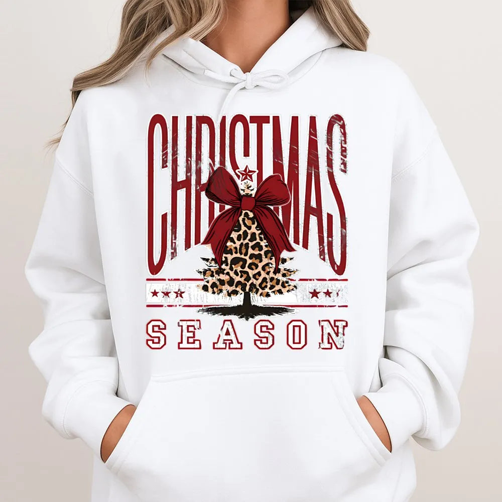 Christmas Season Hoodie, Leopard Print Bow Tree Hoodie, Adorable Coquette Holiday Tree Hooded Sweatshirt, Comfy Xmas Hoodie, 