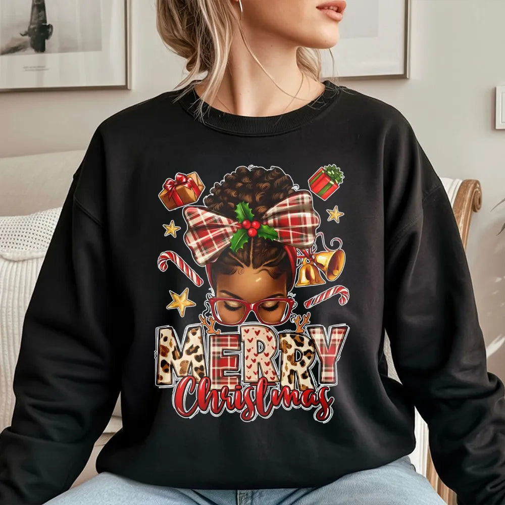 African American Holiday Sweatshirt, Afrocentric Merry Christmas Sweatshirt, Melanin Queen Plaid Bow Sweater, Black Woman Xma