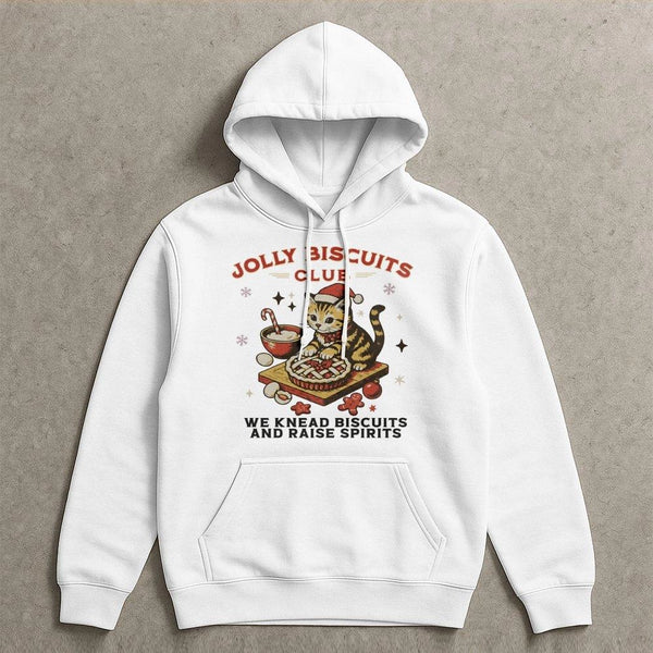 Jolly Biscuits Club Holiday Graphic Hoodie, Christmas Cat Baking Hoodie, Humorous Cat Lover Xmas Pullover, Adorable Kitty Bak