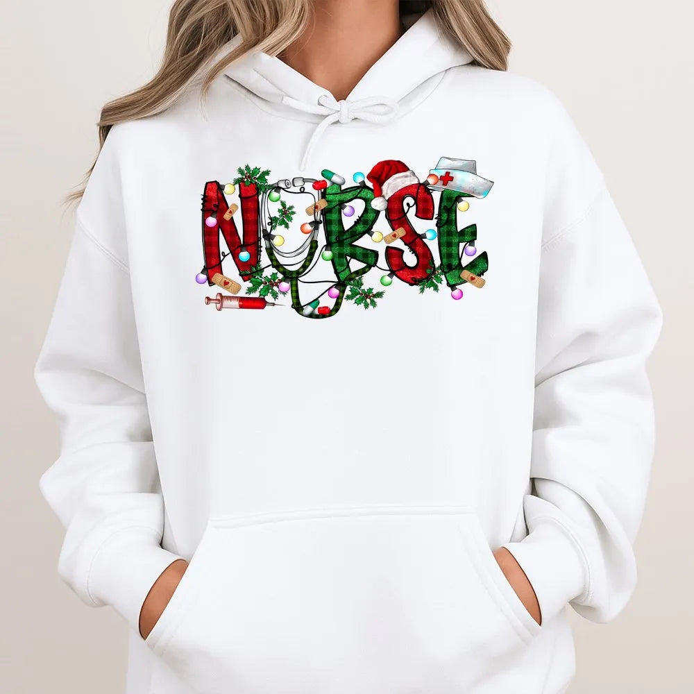 Plaid Festive Medical Hoodie, Christmas Nurse Hoodie, Nursing Student Holiday Hooded Sweatshirt, Adorable Xmas Nurse Hoodie, 