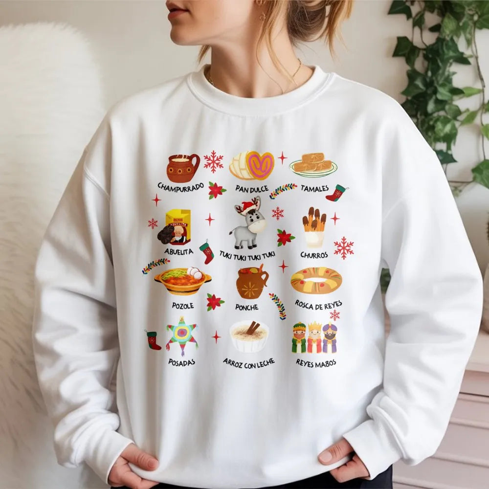 Traditional Holiday Food Sweatshirt, Mexican Christmas Sweatshirt, Latina Festive Holiday Crewneck, Mexican Food Christmas Sw