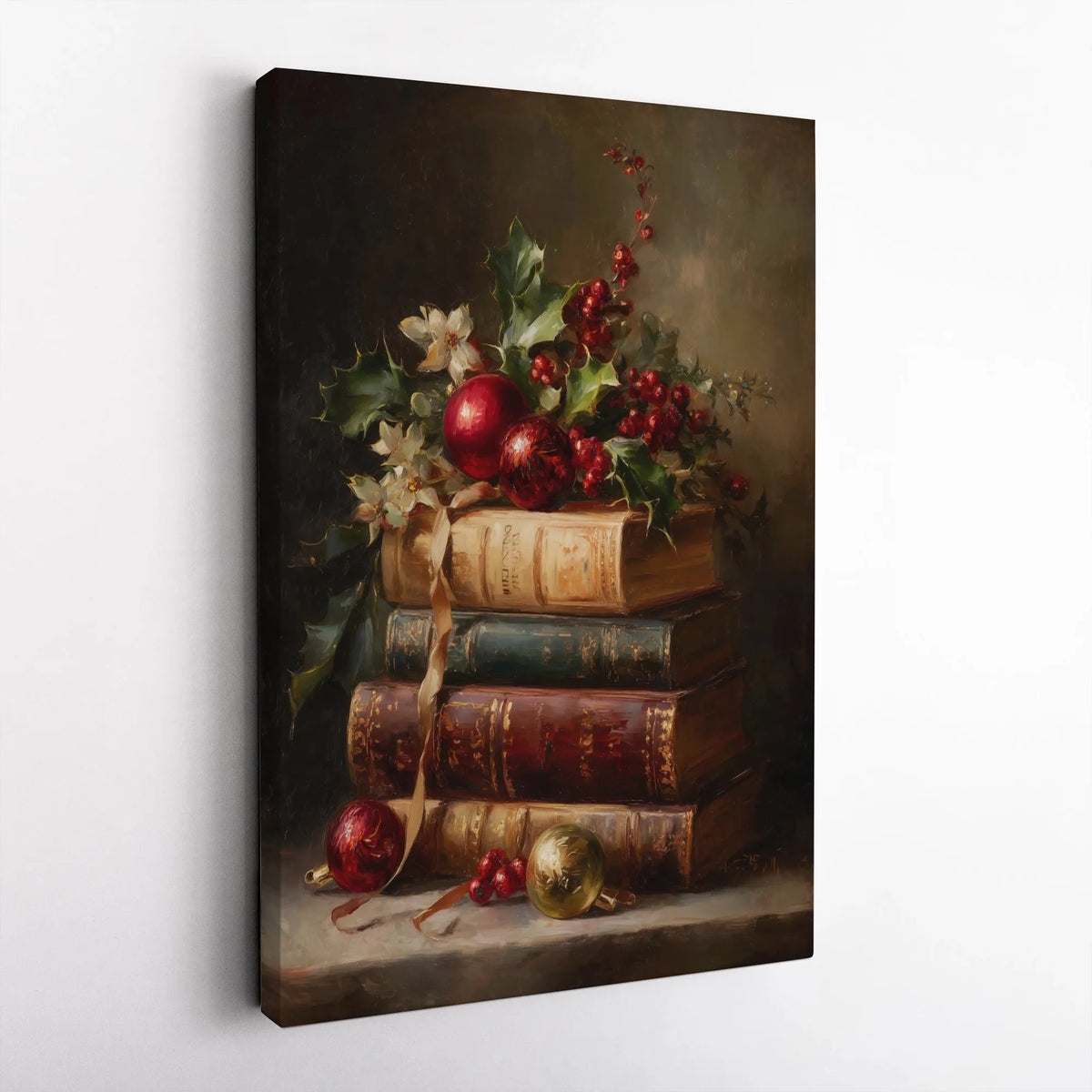 Antique Books Wall Art Print, Christmas Still Life Canvas Print, Vintage Holiday Canvas Print, Winter Digital Download, Book 