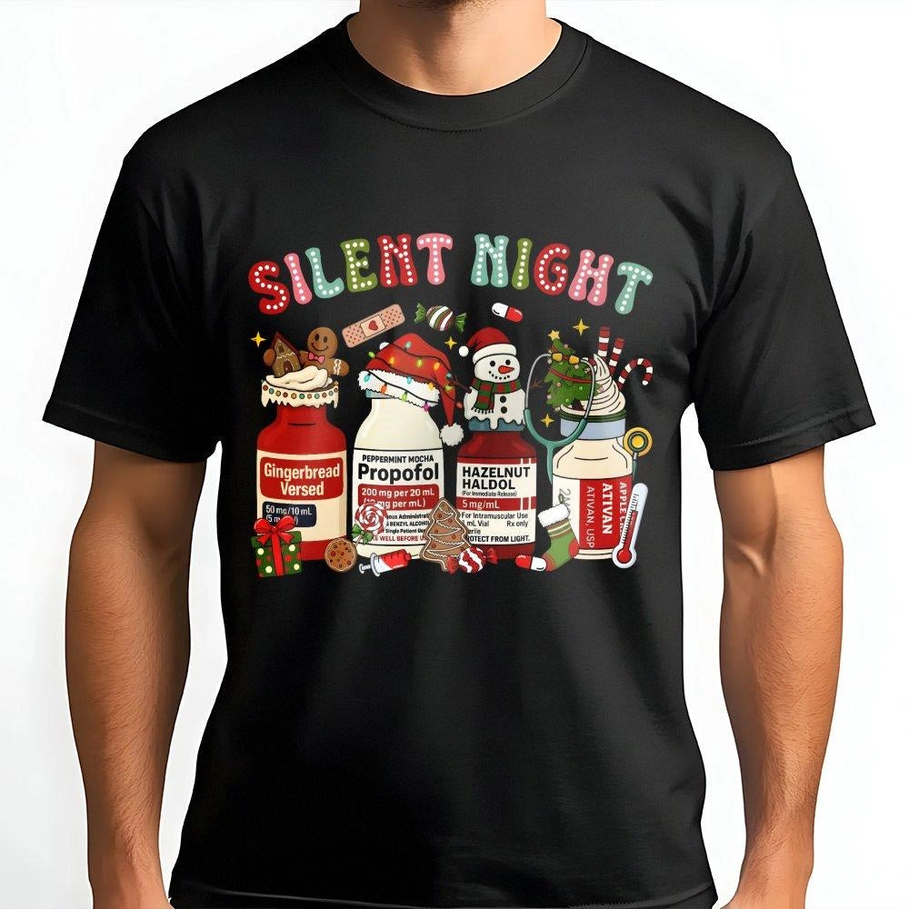 Humorous Medical Holiday Shirt, Silent Night Nurse Christmas T-Shirt, ICU Hospital Doctor Graphic Tee, Adorable Nurse Xmas Te