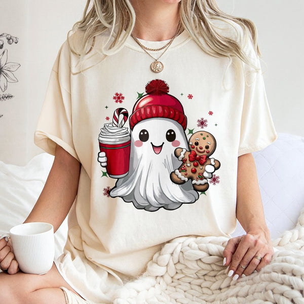 Gingerbread Man Holiday Tee, Adorable Christmas Ghost T-Shirt, Spooky Xmas Graphic Shirt, Retro Winter Holiday T-Shirt, Festi
