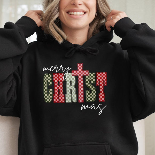 Checkered Holiday Christian Graphic Sweatshirt, Merry Christmas Cross Hoodie, Faith Nativity Pullover, Religious Xmas Present
