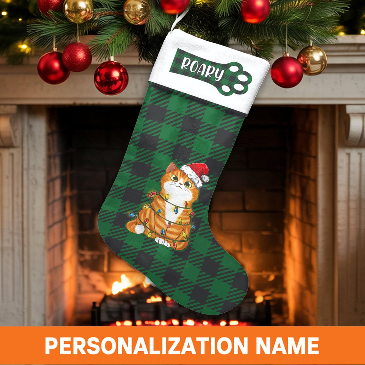 Kitten Tangled in Lights Stocking, Personalized Orange Cat Christmas Stocking, Humorous Pet Lover Holiday Stocking, Fireplace