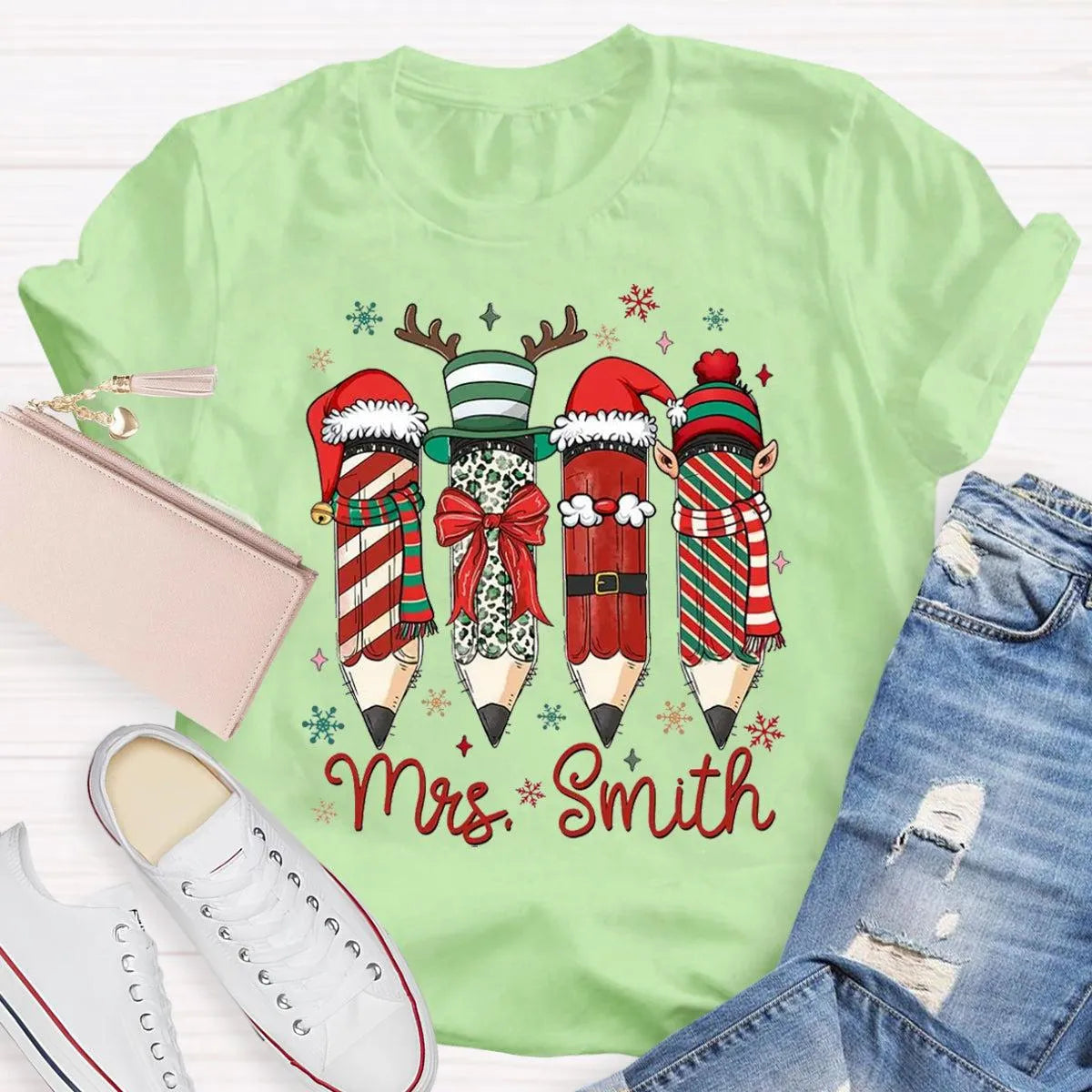 Adorable Pencil Holiday T-Shirt, Personalized Teacher Christmas Shirt, Custom Teacher Tee, Festive School Graphic Shirt, Holi