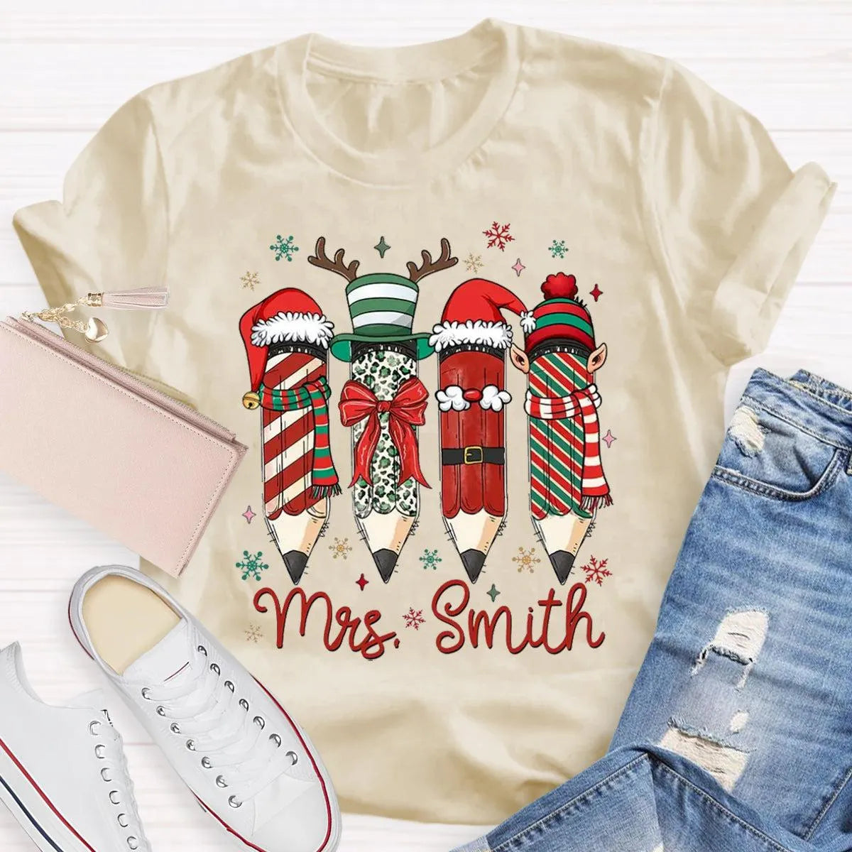 Adorable Pencil Holiday T-Shirt, Personalized Teacher Christmas Shirt, Custom Teacher Tee, Festive School Graphic Shirt, Holi