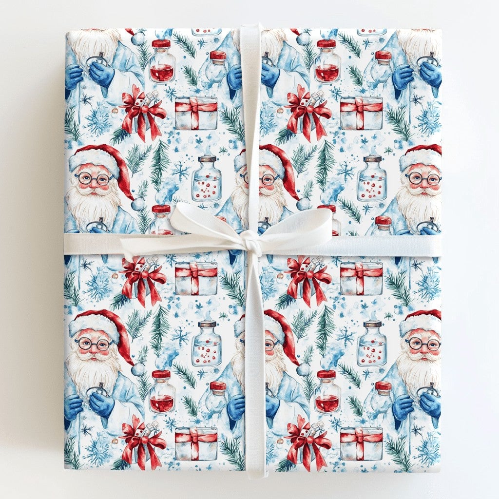 Medical Holiday Gift Wrap, Scientist Santa Wrapping Paper, Lab Coat Santa Christmas Paper, Science Gift Wrap, Doctor Nurse Ho