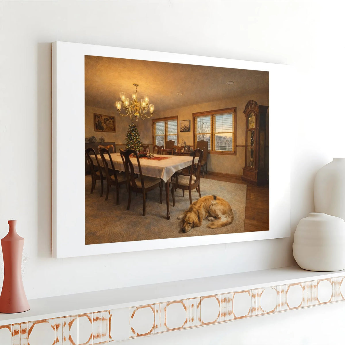 Comfy Holiday Dog Canvas Print, Golden Retriever Christmas Canvas Art, Festive Dining Room Canvas Wall Decor, Winter Puppy Ar