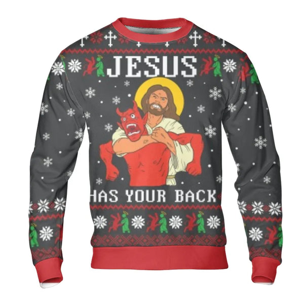 Humorous Christian Holiday Graphic Sweater, Jesus Has Your Back Ugly Christmas Sweatshirt, Religious Faith Xmas Crewneck Pull
