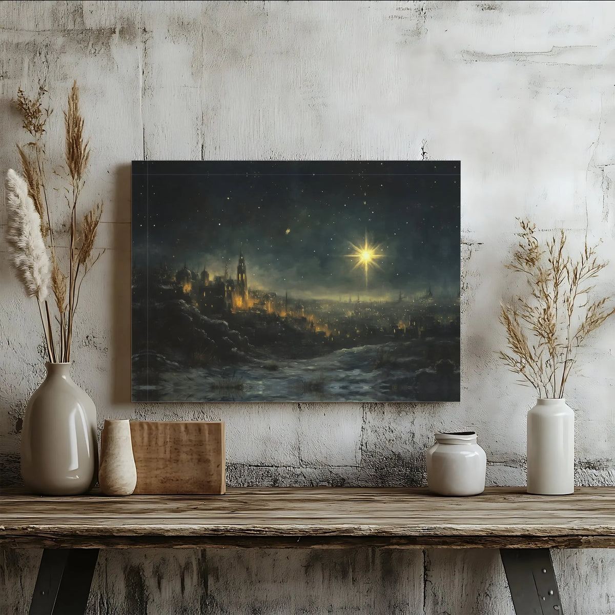 Nativity Night Landscape Poster, Star of Bethlehem Canvas Wall Art, Holy City Christian Canvas Print, Religious Christmas Dig
