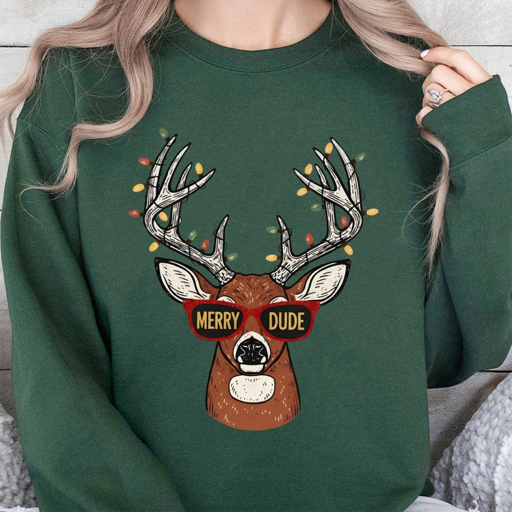 Humorous Christmas Deer Sweatshirt, Merry Dude Reindeer Sweatshirt, Holiday Hunting Crewneck, Retro Reindeer Sweater, Christm