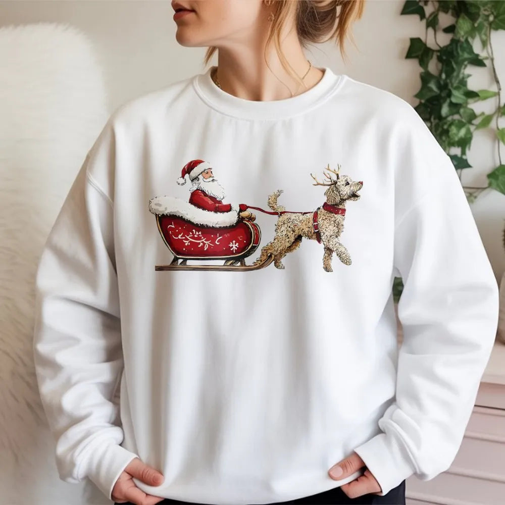 Santa Sleigh Dog Lover Sweatshirt, Goldendoodle Christmas Sweatshirt, Adorable Xmas Puppy Graphic Crewneck, Holiday Pet Owner
