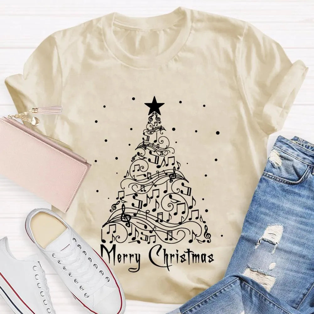 Sheet Music Holiday Tree T-Shirt, Music Teacher Christmas Shirt, Musical Notes Graphic Tee, Choir Director Christmas Present 