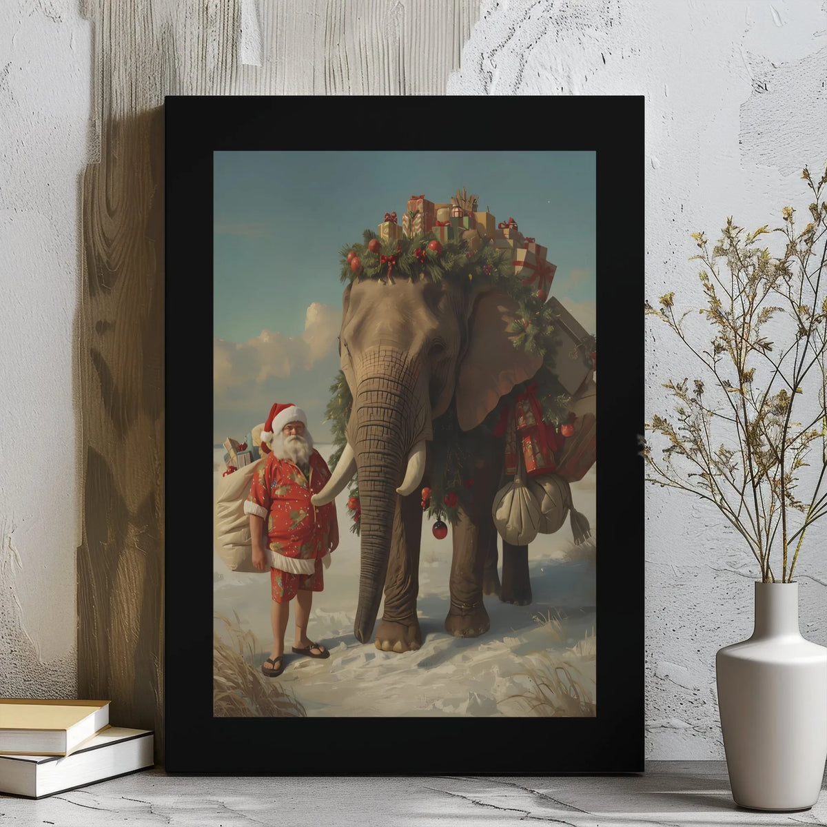 Whimsical Holiday Animal Canvas Art, Tropical Santa Claus Elephant Canvas, Festive Safari Christmas Canvas Print, Winter Wild