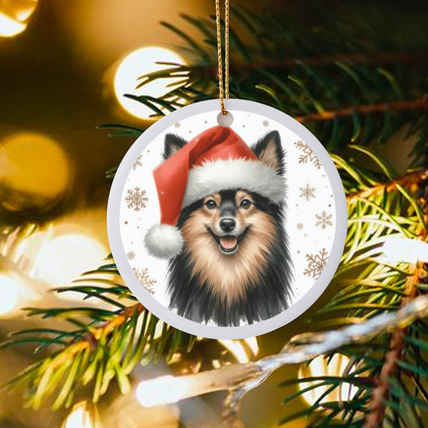 Santa Hat Finnish Lapphund Ornament, Finnish Lapphund Christmas Ornament, Finnish Lapphund Ceramic Holiday Tree Ornament, Dog