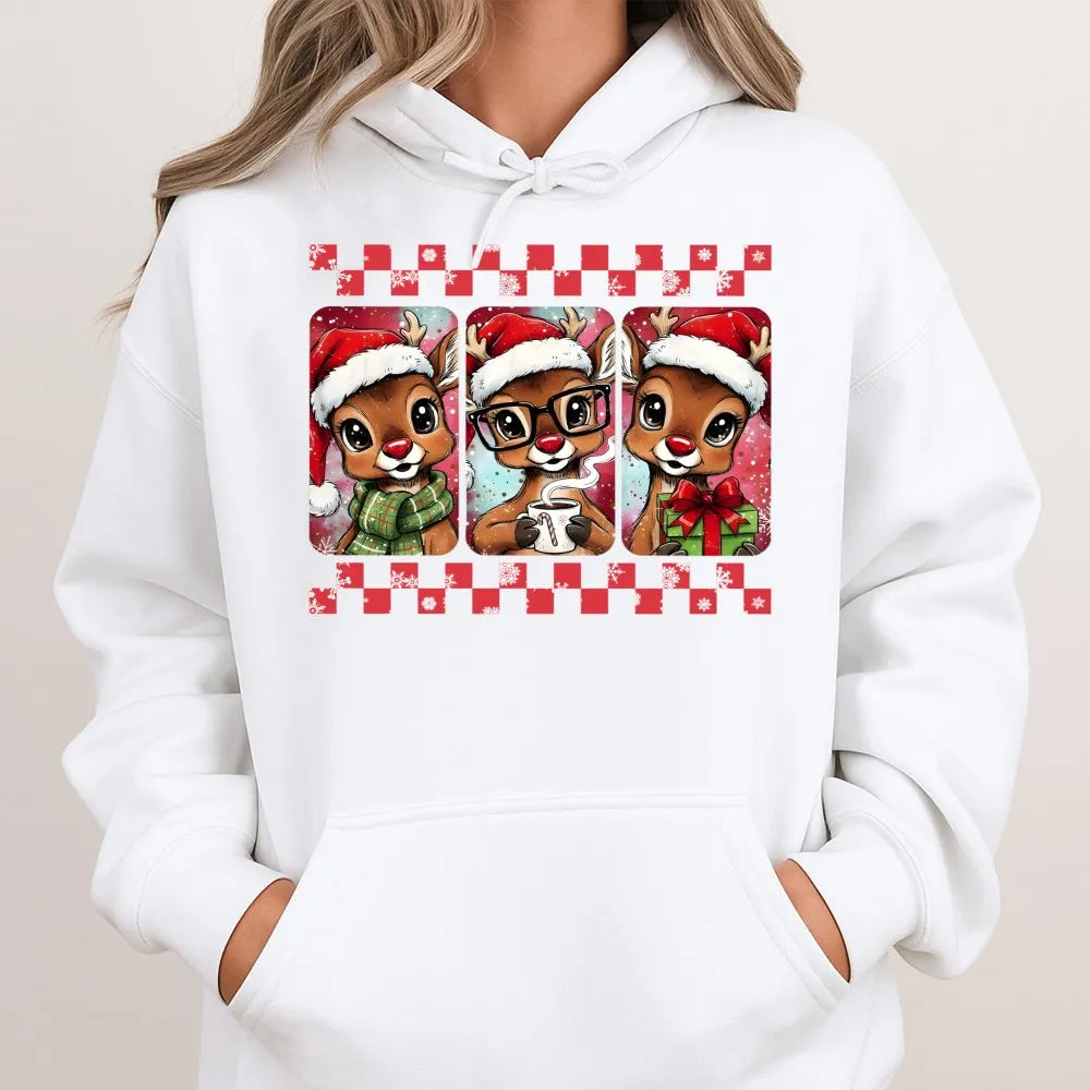 Festive Deer Graphic Hoodie, Christmas Reindeer Hoodie, Adorable Holiday Animal Pullover, Winter Xmas Hooded Sweatshirt, Comf