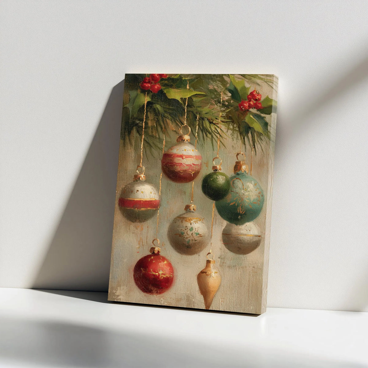 Holly Berries Oil Painting Print, Vintage Christmas Ornaments Canvas Wall Art, Holiday Canvas Poster, Digital Download Decor