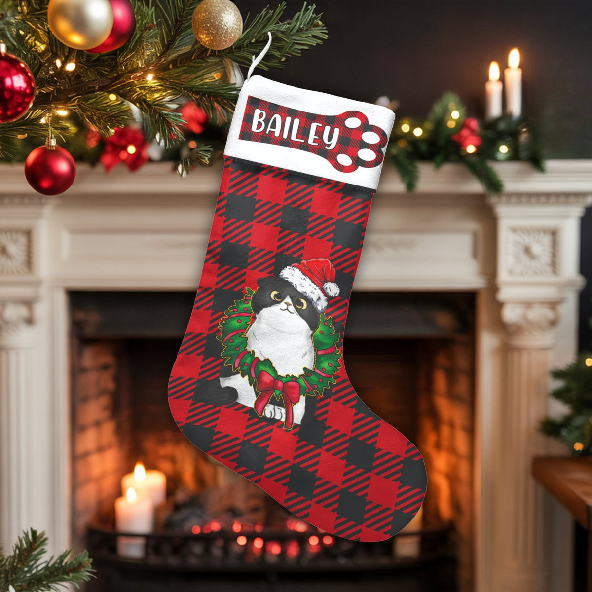 Custom Buffalo Plaid Pet Stocking, Tuxedo Cat Christmas Stocking, Personalized Cat Lover Holiday Stocking, Adorable Animal Ch