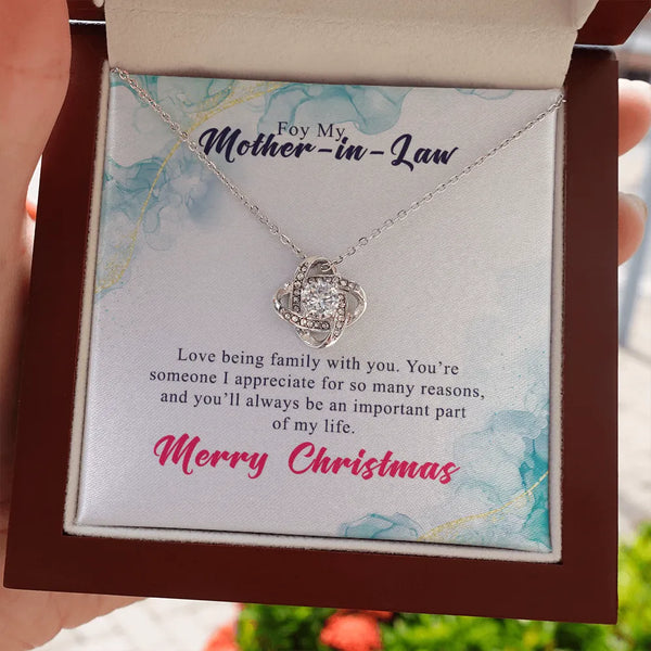 Cubic Zirconia Pendant Necklace, Mother-in-Law Love Knot Necklace, 14k White Gold Finish Jewelry, Meaningful Christmas Presen