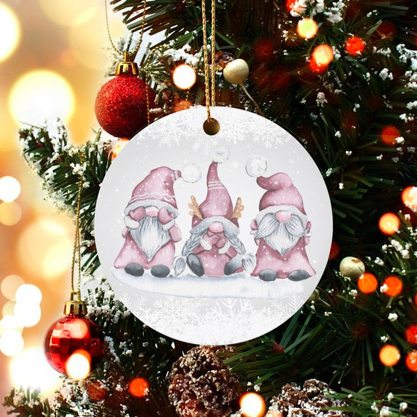 Nordic Reindeer Holiday Ceramic Ornament, Pink Gnome Christmas Ornament, Festive Adorable Gnome Tree Ornament, Winter Holiday
