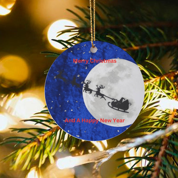 Full Moon Reindeer Silhouette Ornament, Santa Sleigh Christmas Ornament, Glossy Ceramic Tree Ornament, Holiday Keepsake Decor
