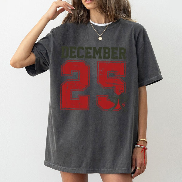 Distressed Varsity Holiday Tee, December 25 Christmas T-Shirt, Vintage Christmas Day Shirt, Festive Family Graphic Tee