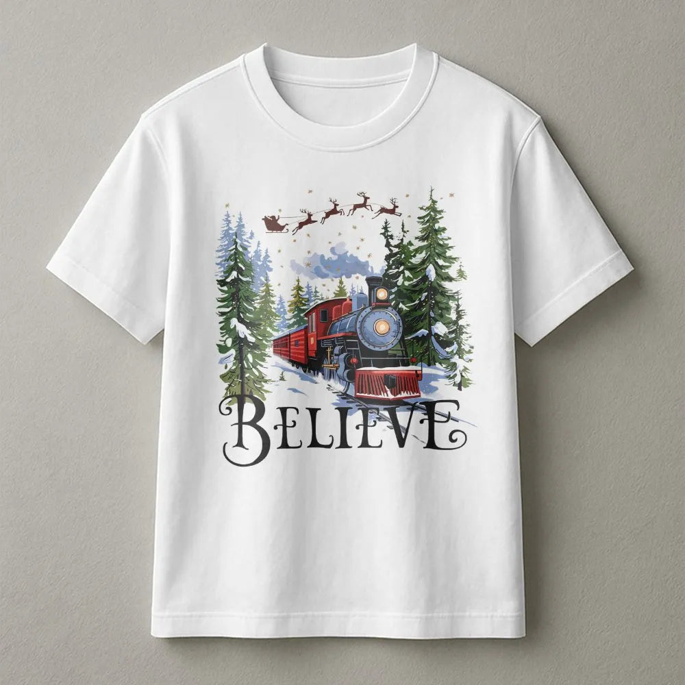 Retro Winter Holiday T-Shirt, Believe Christmas Train Shirt, Vintage Magic Forest Graphic Tee, Festive Xmas Express Train Lov