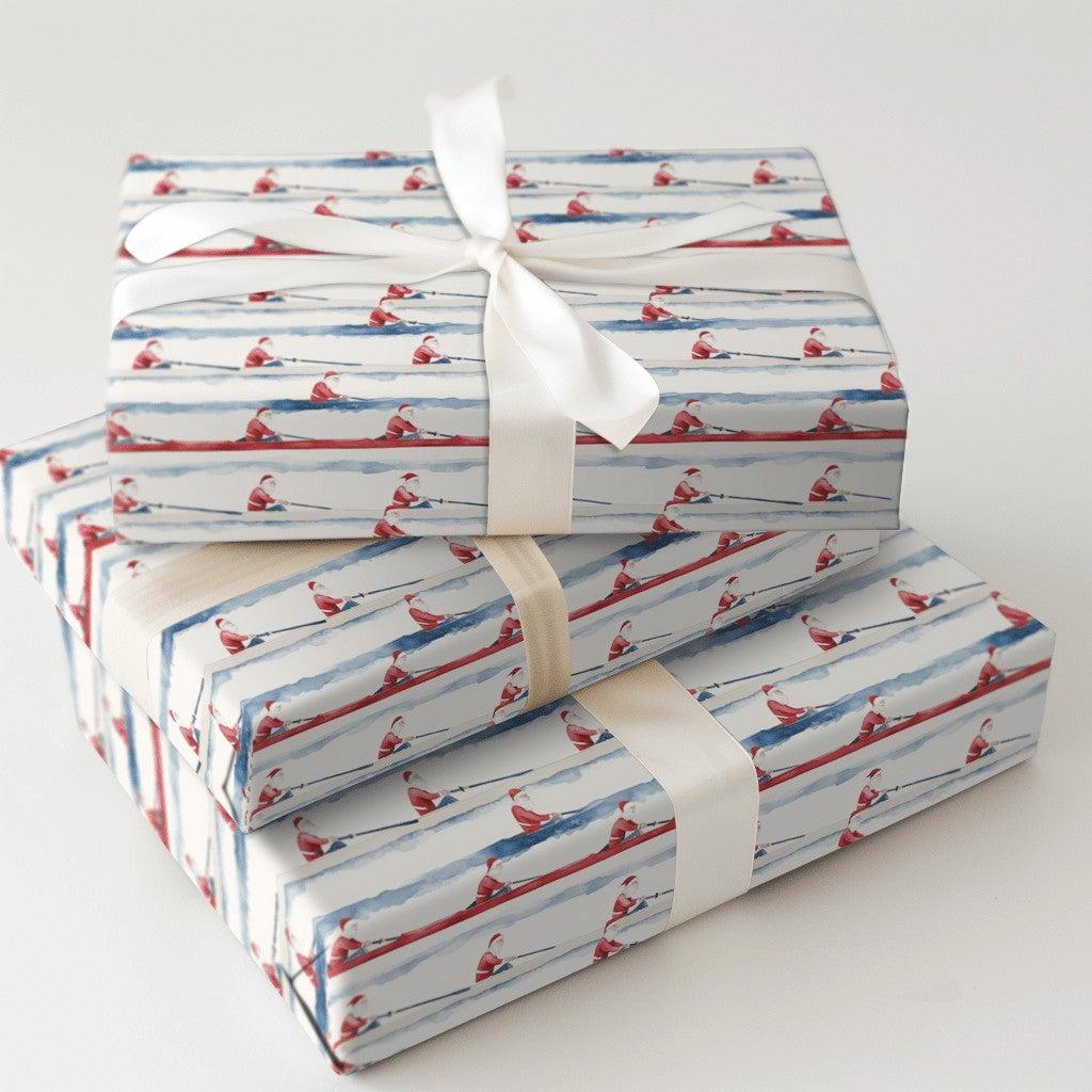 Crew Rower Scull Holiday Gift Wrap, Rowing Santa Wrapping Paper, Watercolor Sports Santa Paper, Christmas Regatta Wrapping Pa