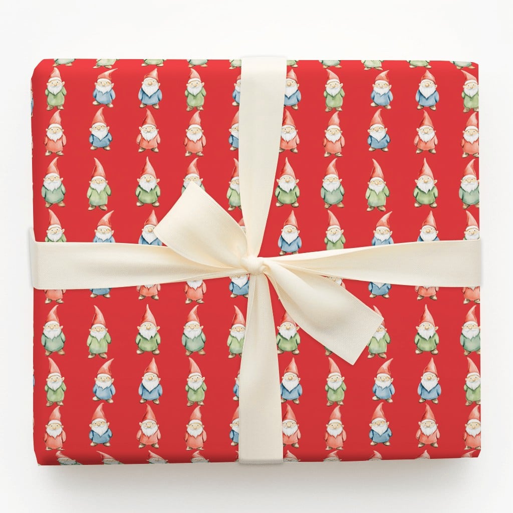 Watercolor Scandinavian Gift Wrap Roll, Red Christmas Gnome Wrapping Paper, Whimsical Holiday Present Paper, Nordic Winter Gi