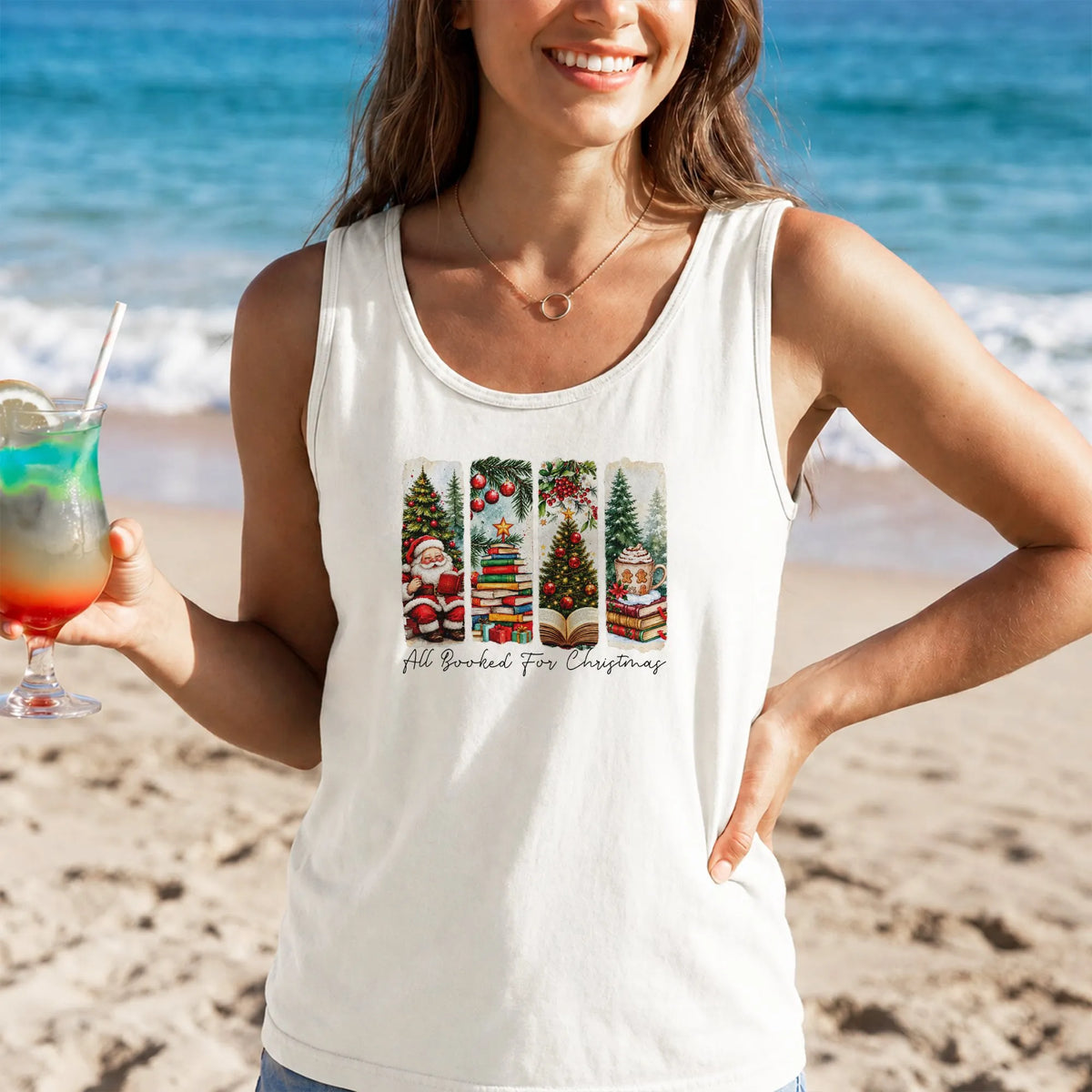 Bookish Christmas Tank, All Booked for Christmas Tank Top, Holiday Book Lover Sleeveless Tee, Christmas Tree Santa Tank, Book