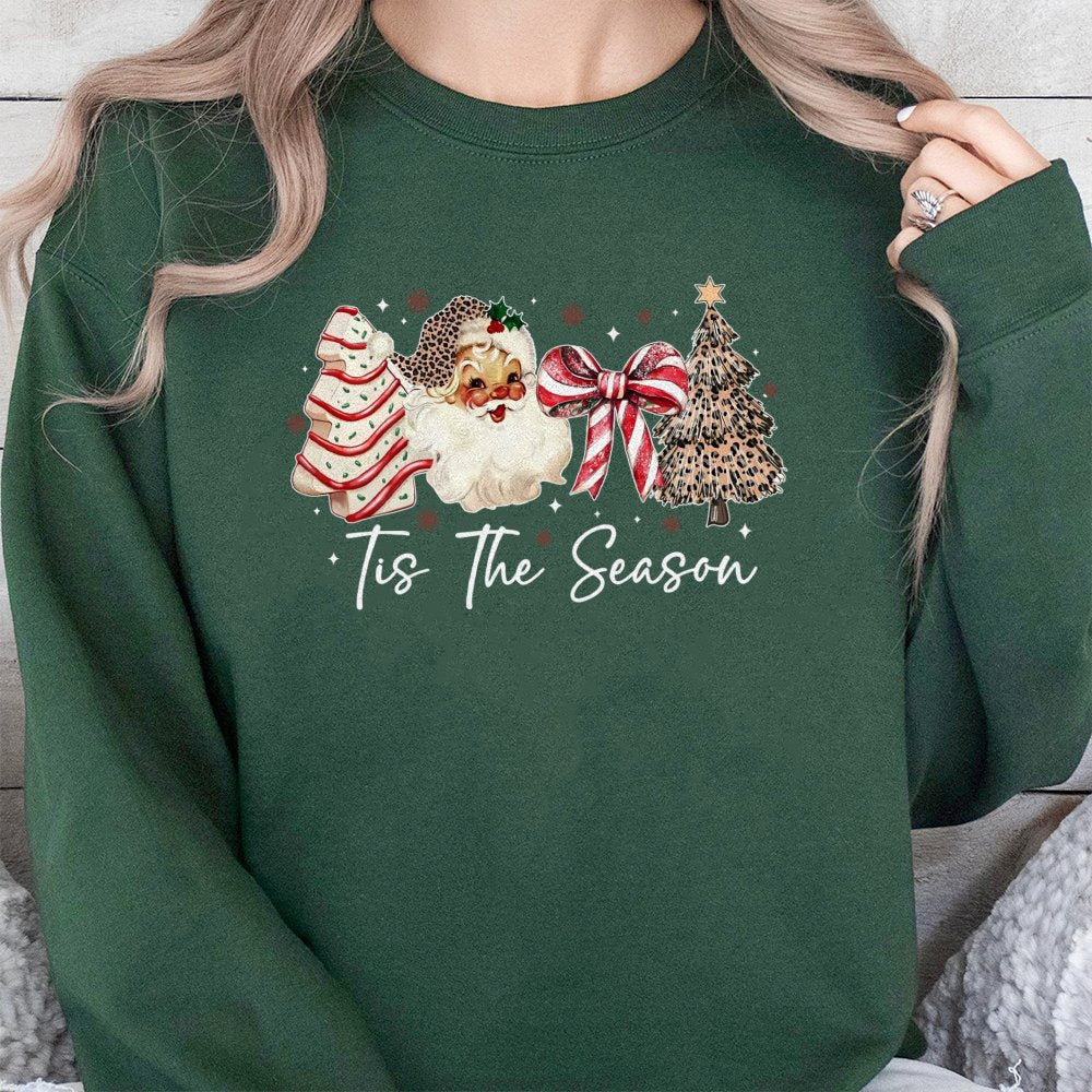 Leopard Print Santa Sweatshirt, Tis the Season Christmas Sweatshirt, Coquette Bow Holiday Crewneck, Preppy Xmas Sweatshirt, H