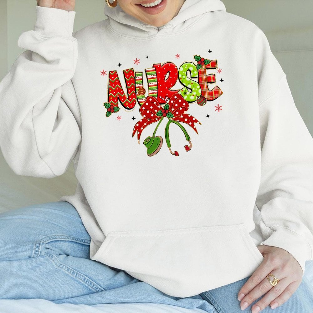 Healthcare Holiday Medical Hoodie, Festive Stethoscope Christmas Nurse Hoodie, Adorable RN Nursing Student Hoodie, Winter Hos