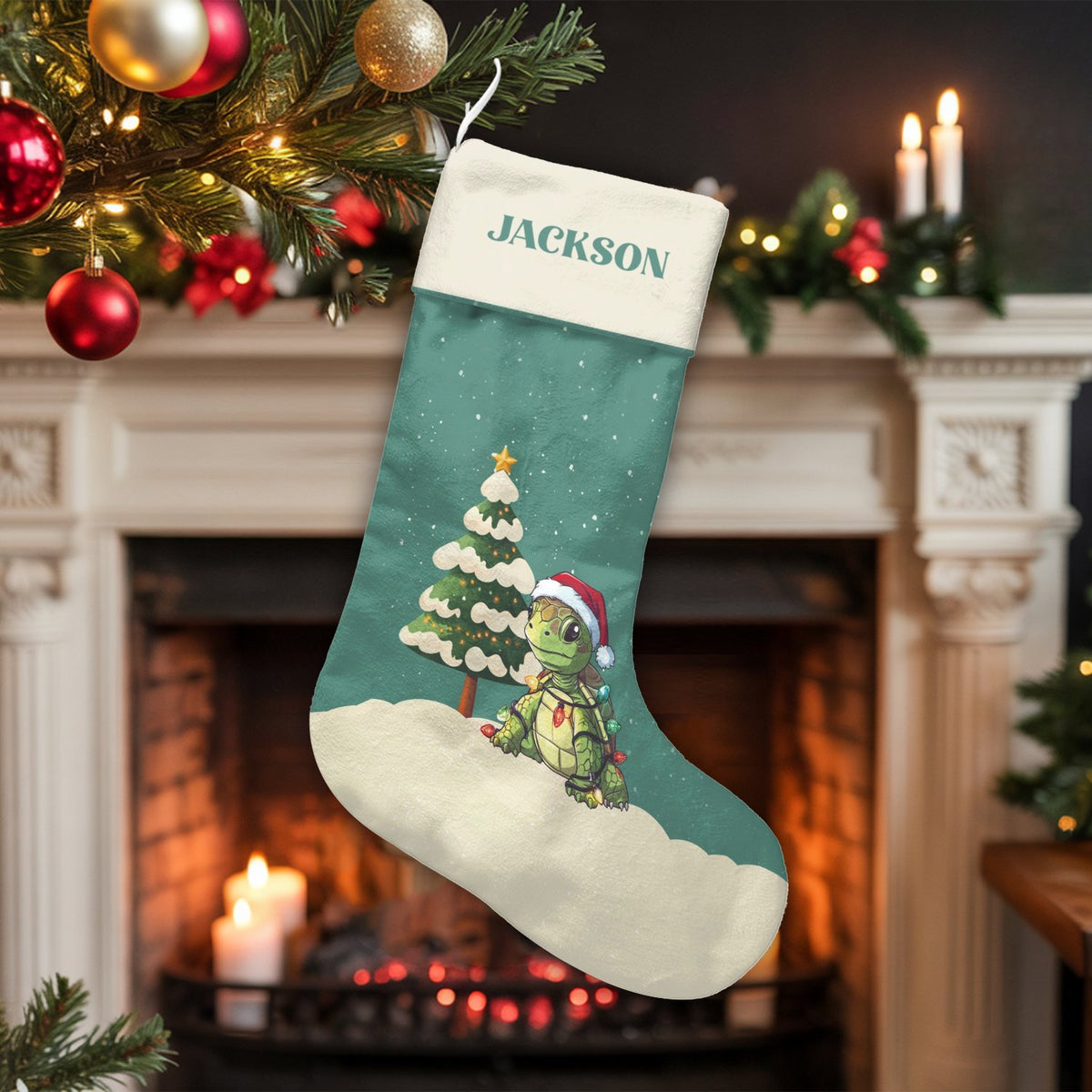 Sea Turtle Santa Holiday Stocking, Adorable Turtle Christmas Stocking, Personalized Christmas Stocking, Adorable Animal Firep