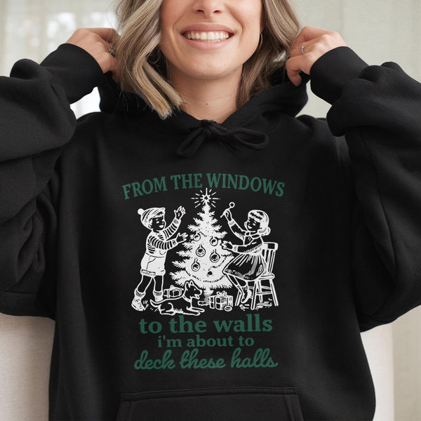 Humorous Christmas Song Lyrics Hoodie, Deck the Halls Hoodie, Holiday Party Hooded Sweatshirt, Comfy Winter Graphic Hoodie, X