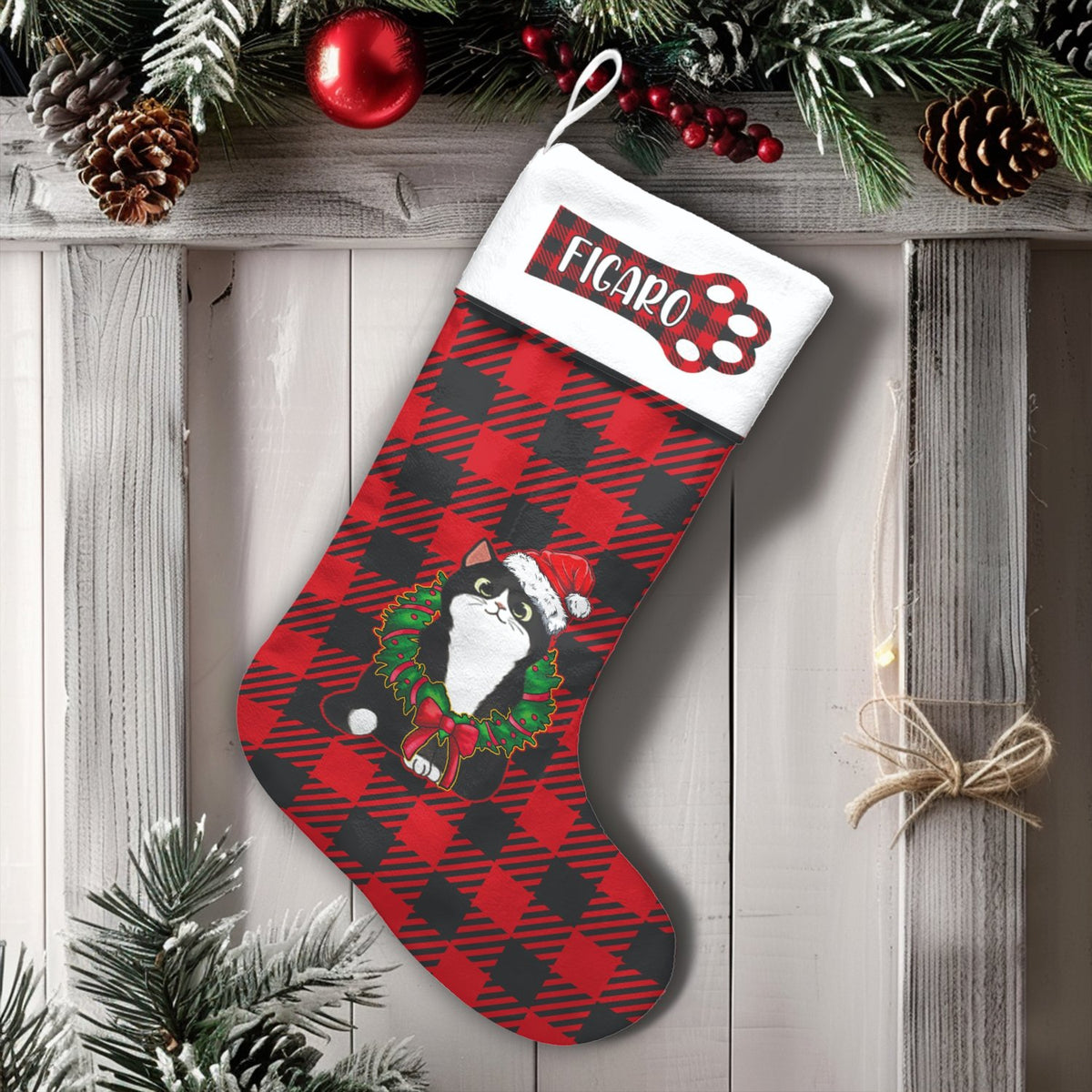 Personalized Buffalo Plaid Stocking, Tuxedo Cat Christmas Stocking, Pet Lover Christmas Stocking, Custom Red Plaid Holiday De