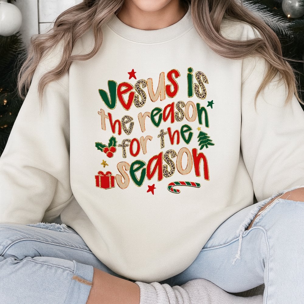 Leopard Print Christian Christmas Crewneck, Jesus Is the Reason for the Season Sweatshirt, Faith Holiday Pullover, Winter Jes