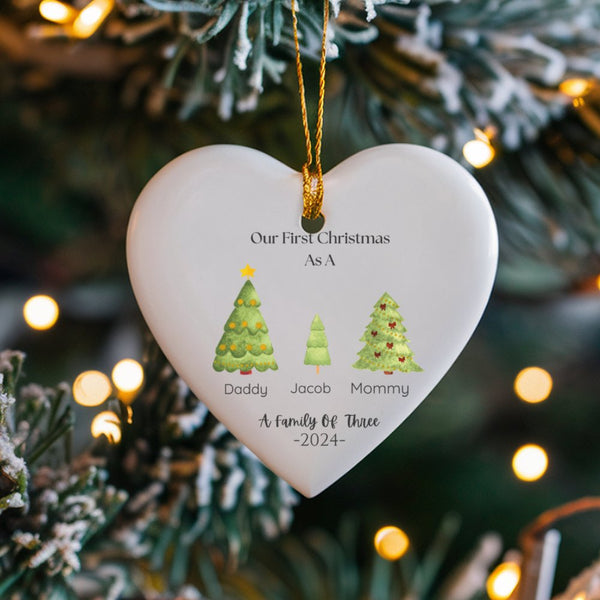 First Christmas as a Family Ceramic Ornament, Family of Three Heart Ornament, New Parents Holiday Keepsake Ornament, Custom 2