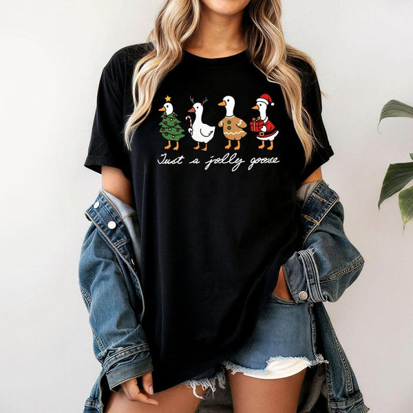 Humorous Christmas Goose Graphic Tee, Just A Jolly Goose T-Shirt, Adorable Holiday Duck Shirt, Vintage Animal Festive Winter 