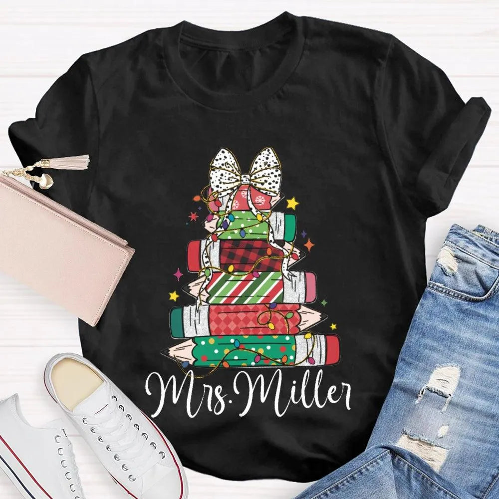 Colorful Crayons Bows Holiday Shirt, Personalized Christmas T-Shirt, Custom Name Kids Xmas Graphic Tee, Festive School Party 