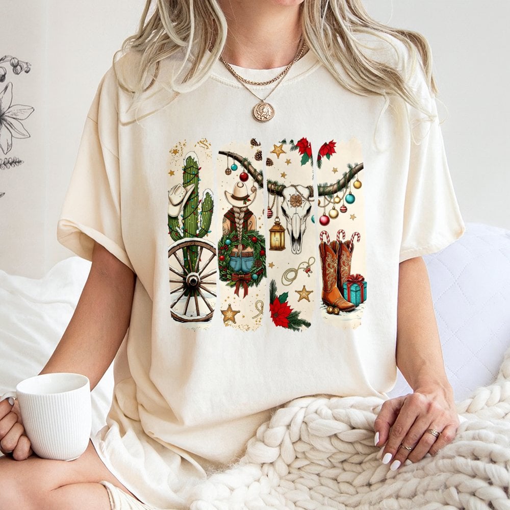 Western Boots Christmas Shirt, Cowgirl Christmas T-Shirt, Festive Country Graphic Tee, Retro Xmas Tee, Western Christmas Pres