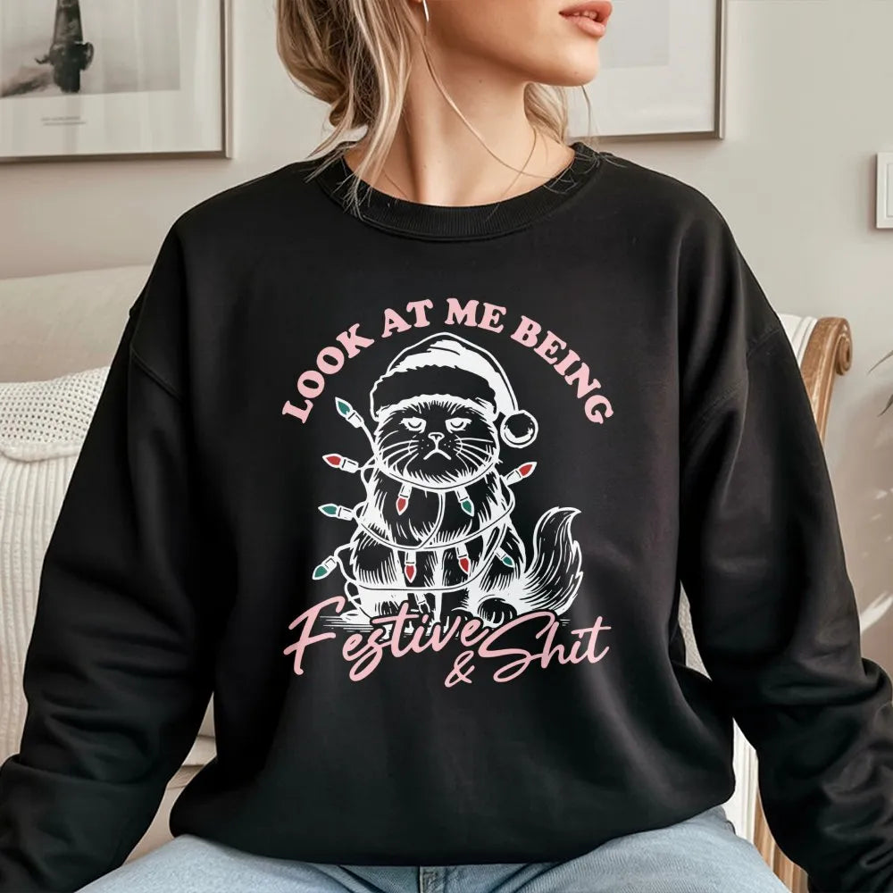 Grumpy Cat Tangled in Lights Sweater, Humorous Christmas Cat Sweatshirt, Sarcastic Xmas Cat Lover Crewneck, Holiday Kitty Pul