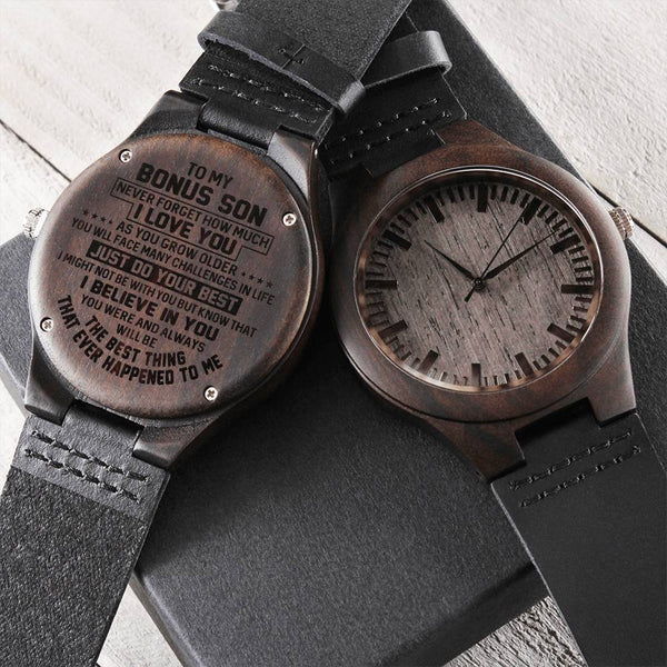 Stepson Sandalwood Watch, Bonus Son Engraved Wooden Watch, Bonus Son Leather Strap Watch, Birthday Keepsake, Christmas Presen