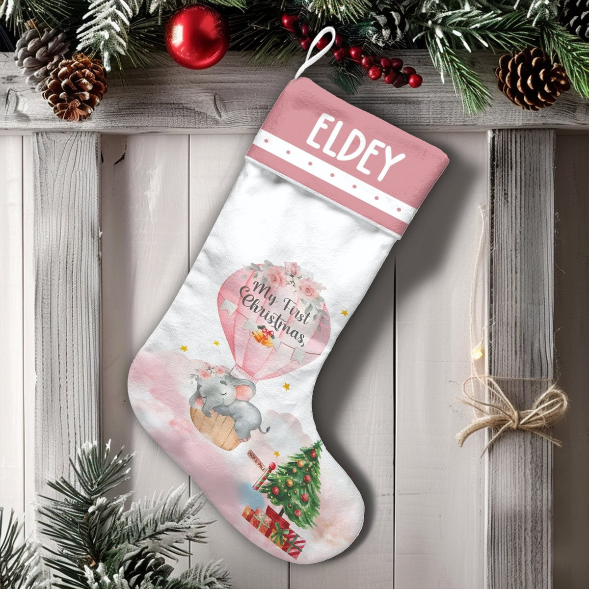 Baby First Christmas Stocking, Personalized Baby Elephant Christmas Stocking, Custom Name Holiday Stocking, Adorable Nursery 